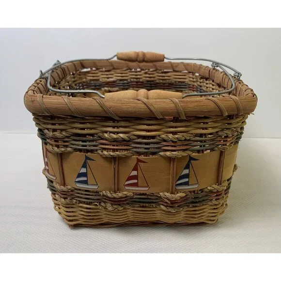 Vintage Nautical-Themed Woven Basket Wire Bail Handles Sailboat Design 10"x12" - Picture 3 of 14